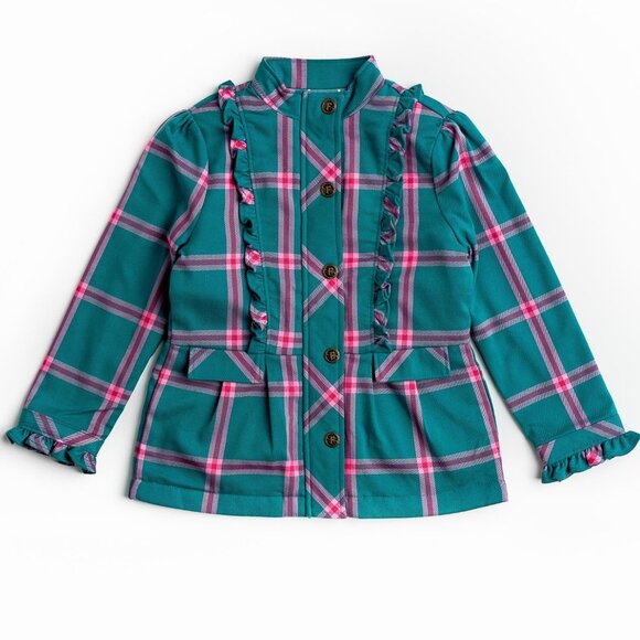 Finding Foxtale Center Stage Girls Blazer & Shorts Set Plaid Teal Green Pink 8 - Picture 6 of 6
